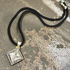 Square Pendant and Leather Cord Chaim Silver tone and Black